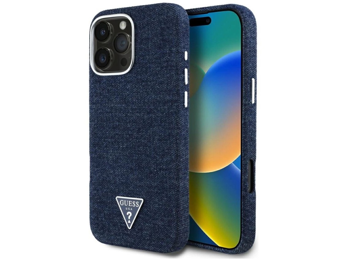Capa Guess Denim Triangle Logo MagSafe para iPhone 16 Pro Max - Azul