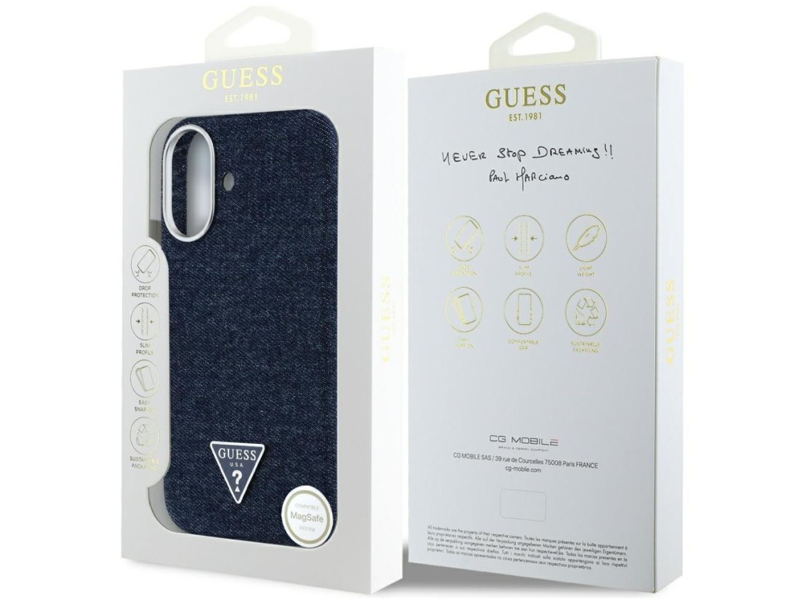 Funda Guess Denim Triangle Logo MagSafe para iPhone 16 - Azul