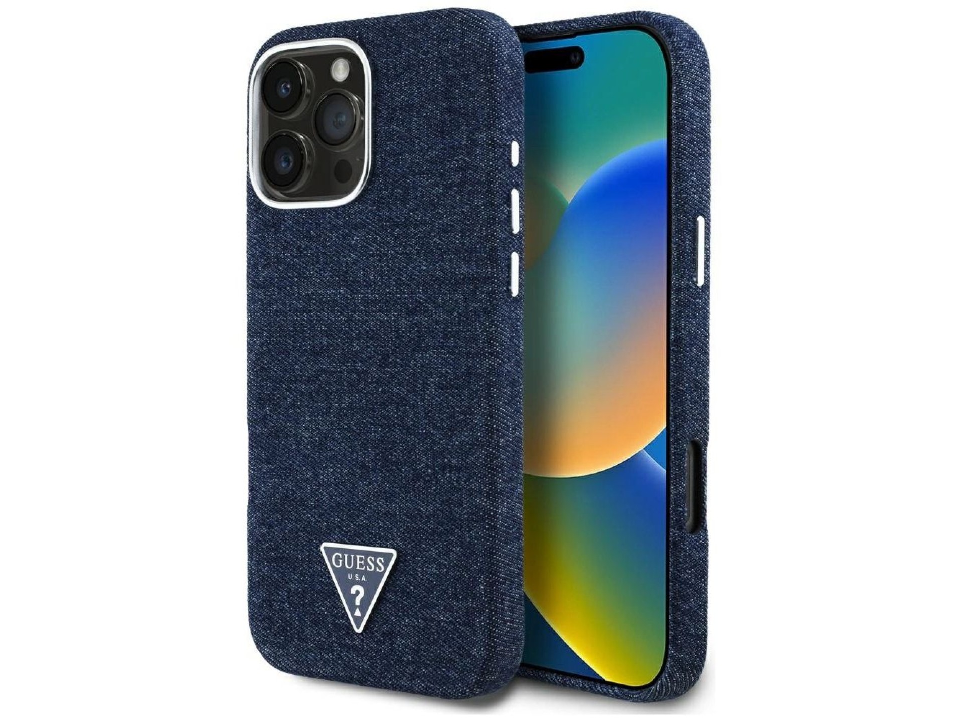Capa Guess Denim Triangle Logo MagSafe para iPhone 16 Pro Max - Azul