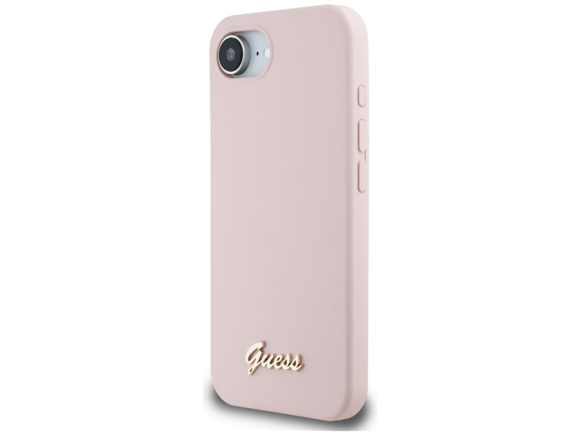 Guess Silicone Script Metal Logo MagSafe iPhone 16e Case - Pink