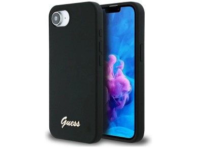Guess Silicone Script Metal Logo MagSafe iPhone 16e Case - Black Guess Silicone Script Metal Logo MagSafe iPhone 16e Case - Black
