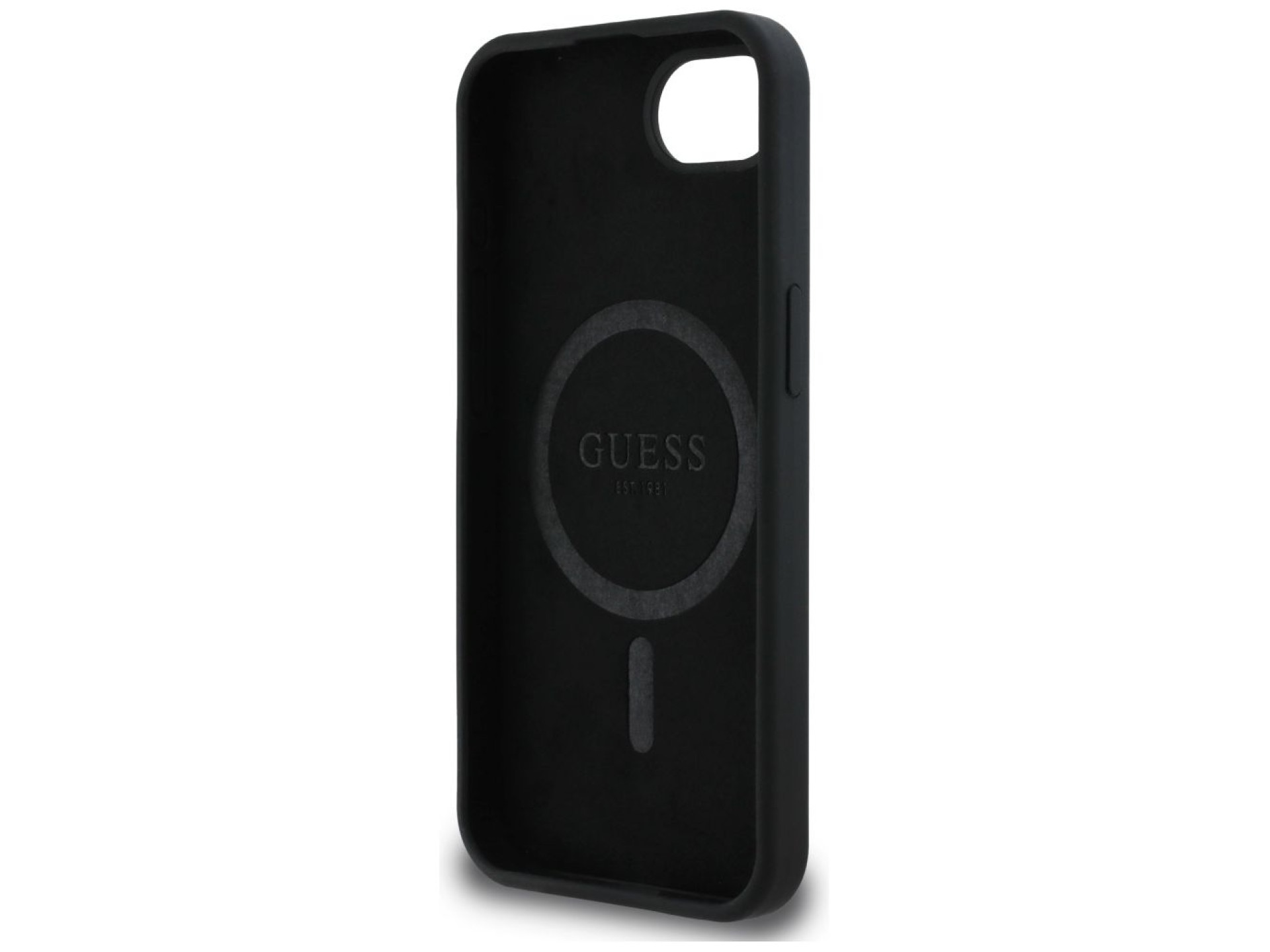 Guess Silicone Script Metal Logo MagSafe iPhone 16e Case - Black