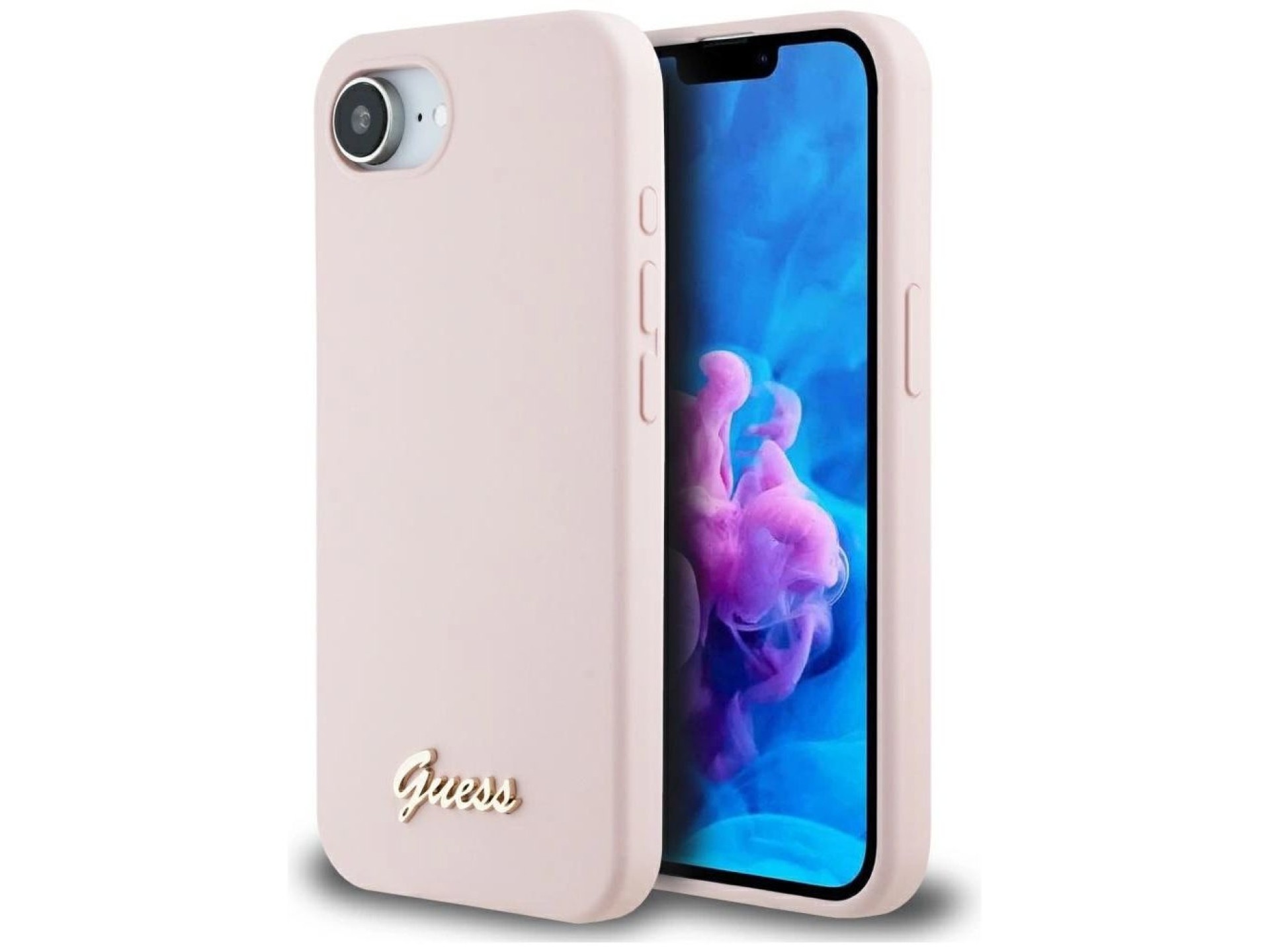 Guess Silicone Script Metal Logo MagSafe iPhone 16e Case - Pink