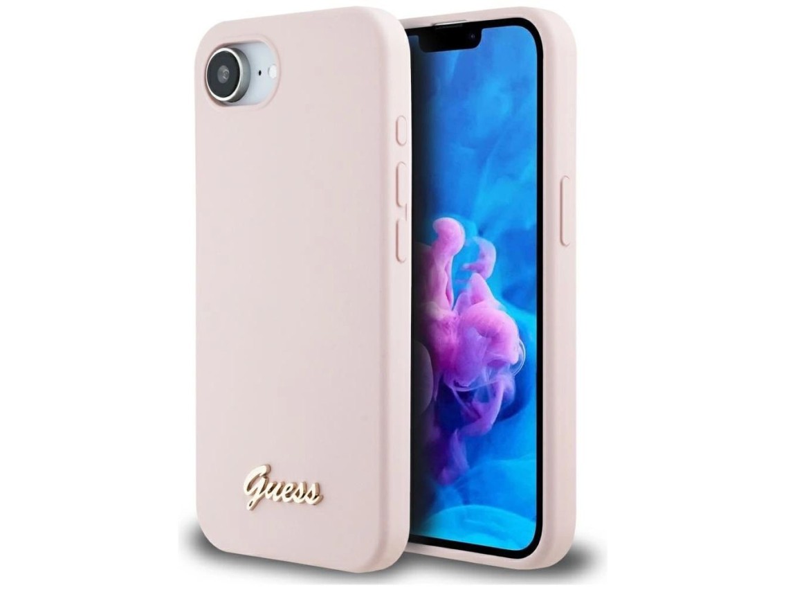 Guess Silicone Script Metal Logo MagSafe iPhone 16e Case - Pink