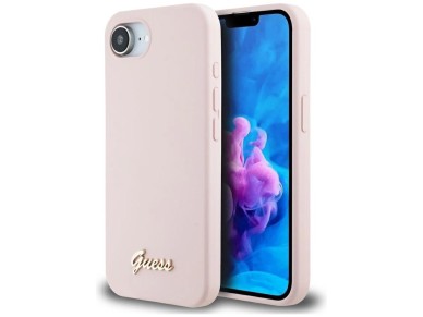 Guess Silicone Script Metal Logo MagSafe iPhone 16e Case - Pink Guess Silicone Script Metal Logo MagSafe iPhone 16e Case - Pink