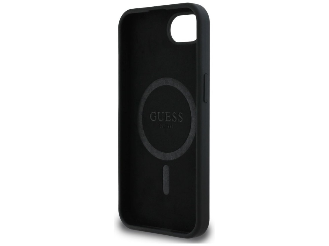 Guess Silicone Script Metal Logo MagSafe iPhone 16e Case - Black