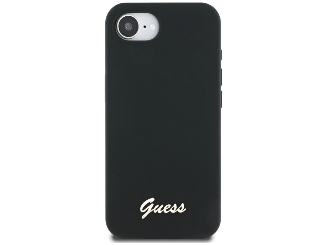 Guess Silicone Script Metal Logo MagSafe iPhone 16e Case - Black