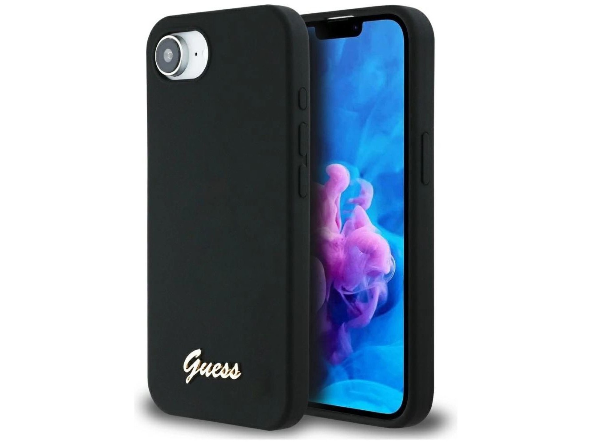 Guess Silicone Script Metal Logo MagSafe iPhone 16e Case - Black