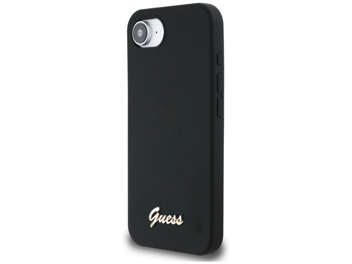 Guess Silicone Script Metal Logo MagSafe iPhone 16e Case - Black
