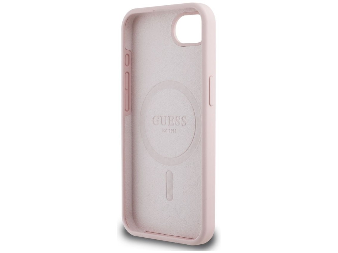 Guess Silicone Script Metal Logo MagSafe iPhone 16e Case - Pink
