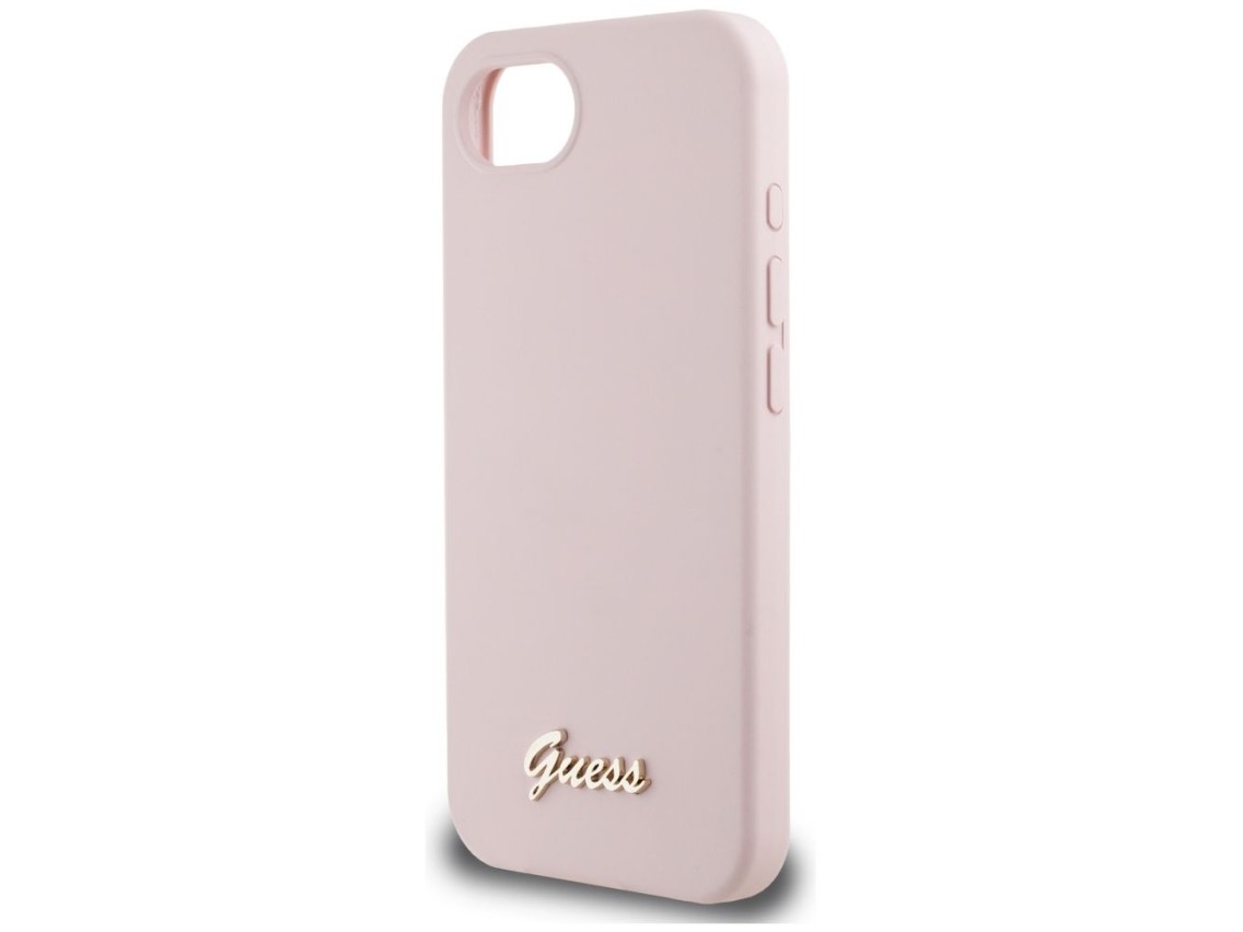 Guess Silicone Script Metal Logo MagSafe iPhone 16e Case - Pink