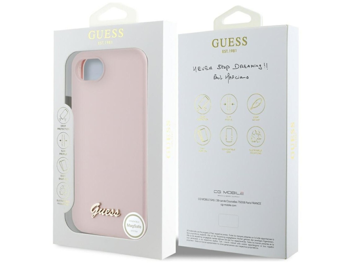 Guess Silicone Script Metal Logo MagSafe iPhone 16e Case - Pink