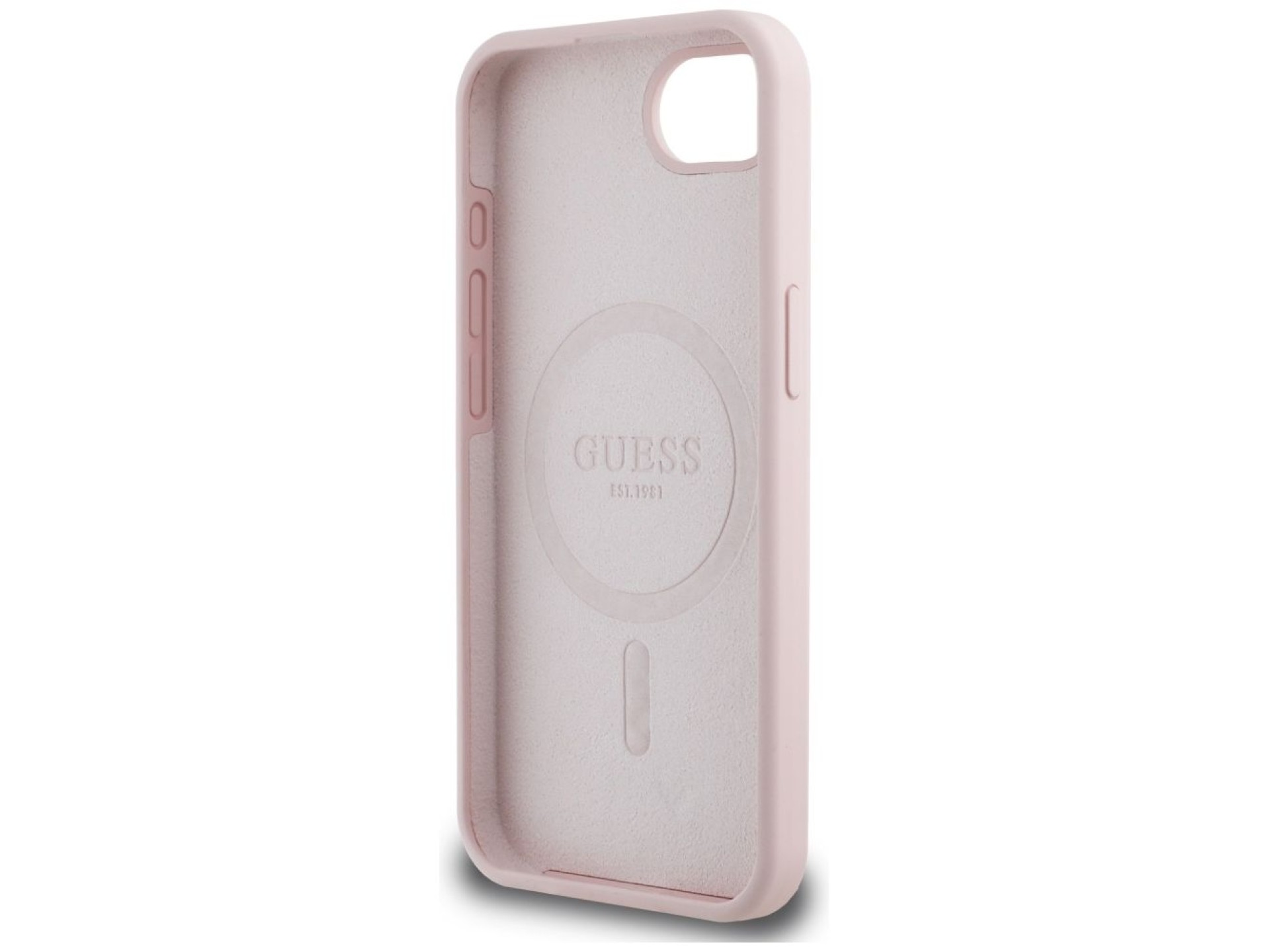 Guess Silicone Script Metal Logo MagSafe iPhone 16e Case - Pink