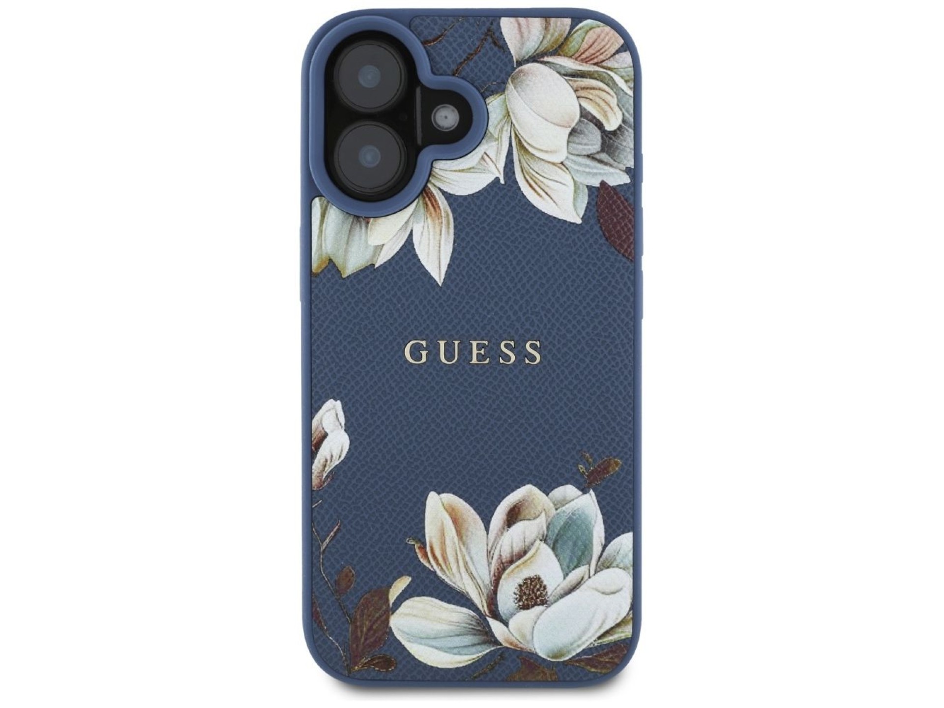Guess Grained Printed Flower Pattern MagSafe case for iPhone 16 blue