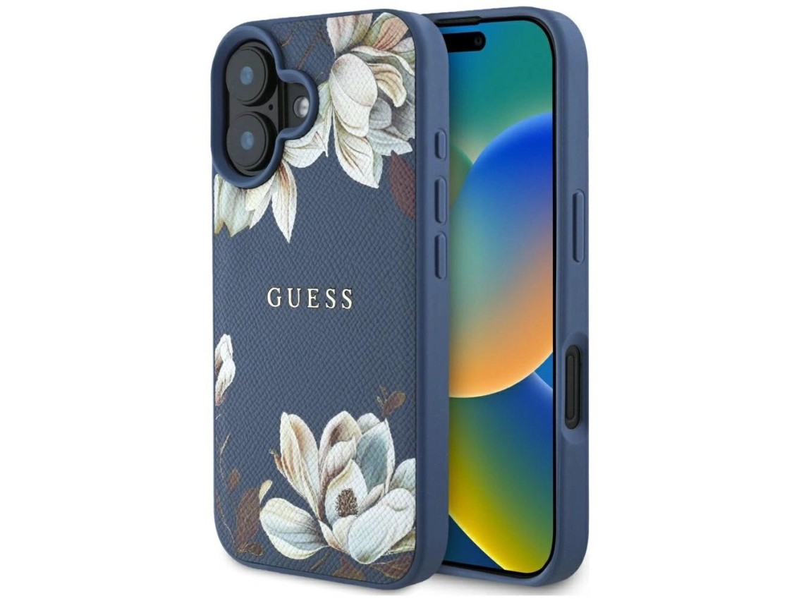Guess Grained Printed Flower Pattern MagSafe case for iPhone 16 blue