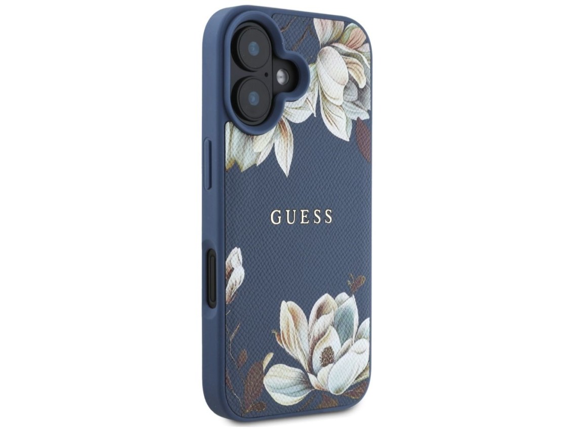 Guess Grained Printed Flower Pattern MagSafe case for iPhone 16 blue