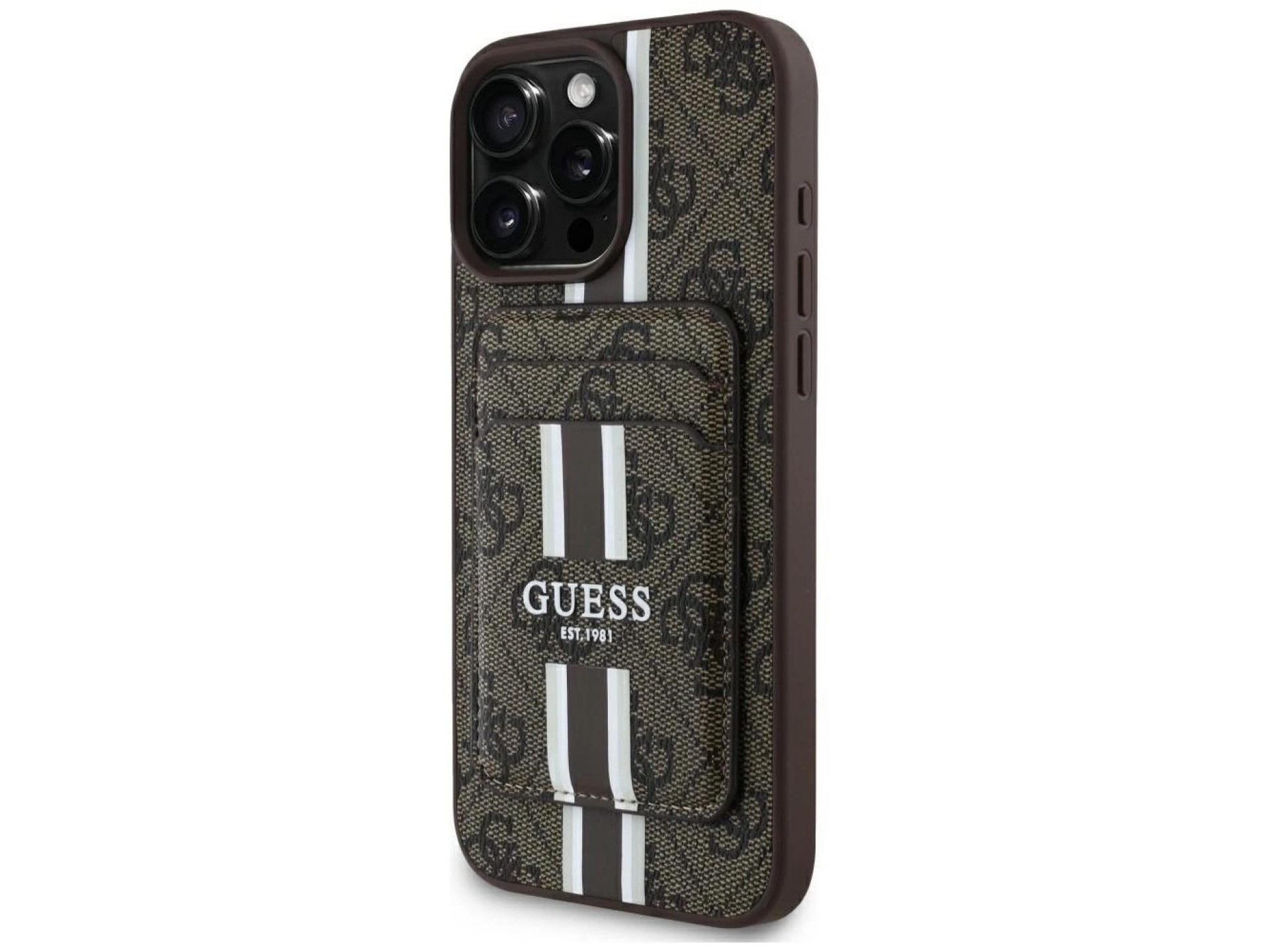 Guess 4G Stripes case with Magsafe wallet for iPhone 16 Pro Max brown