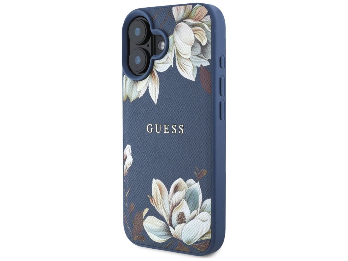 Guess Grained Printed Flower Pattern MagSafe case for iPhone 16 blue