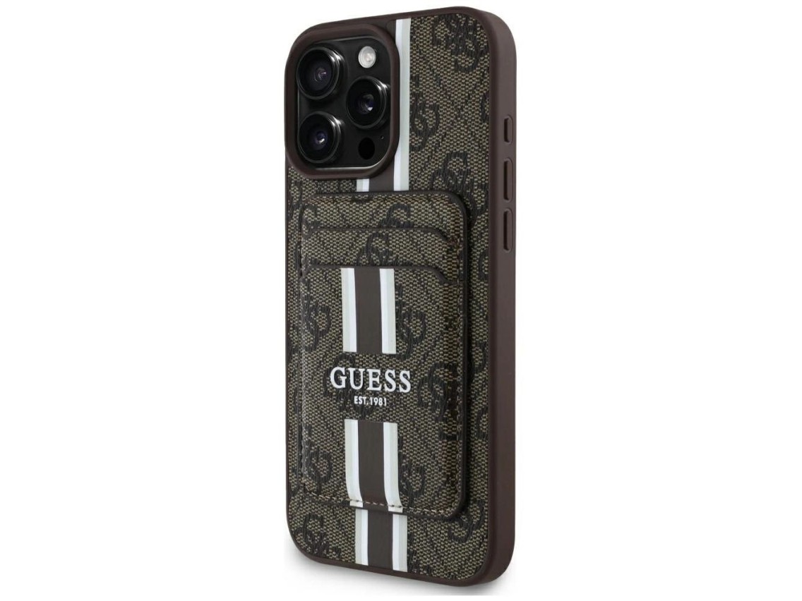 Guess 4G Stripes case with Magsafe wallet for iPhone 16 Pro Max brown
