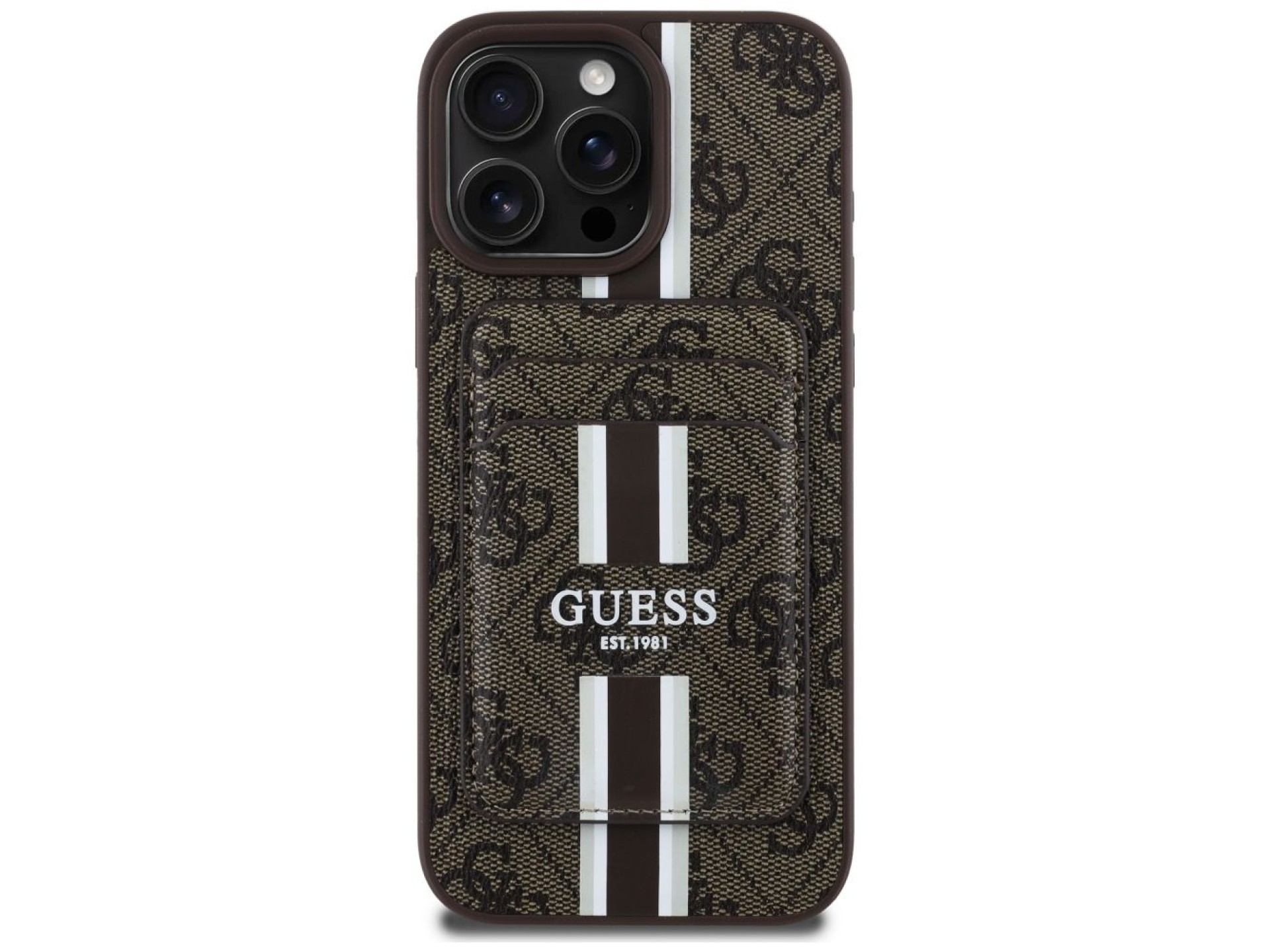 Guess 4G Stripes case with Magsafe wallet for iPhone 16 Pro Max brown