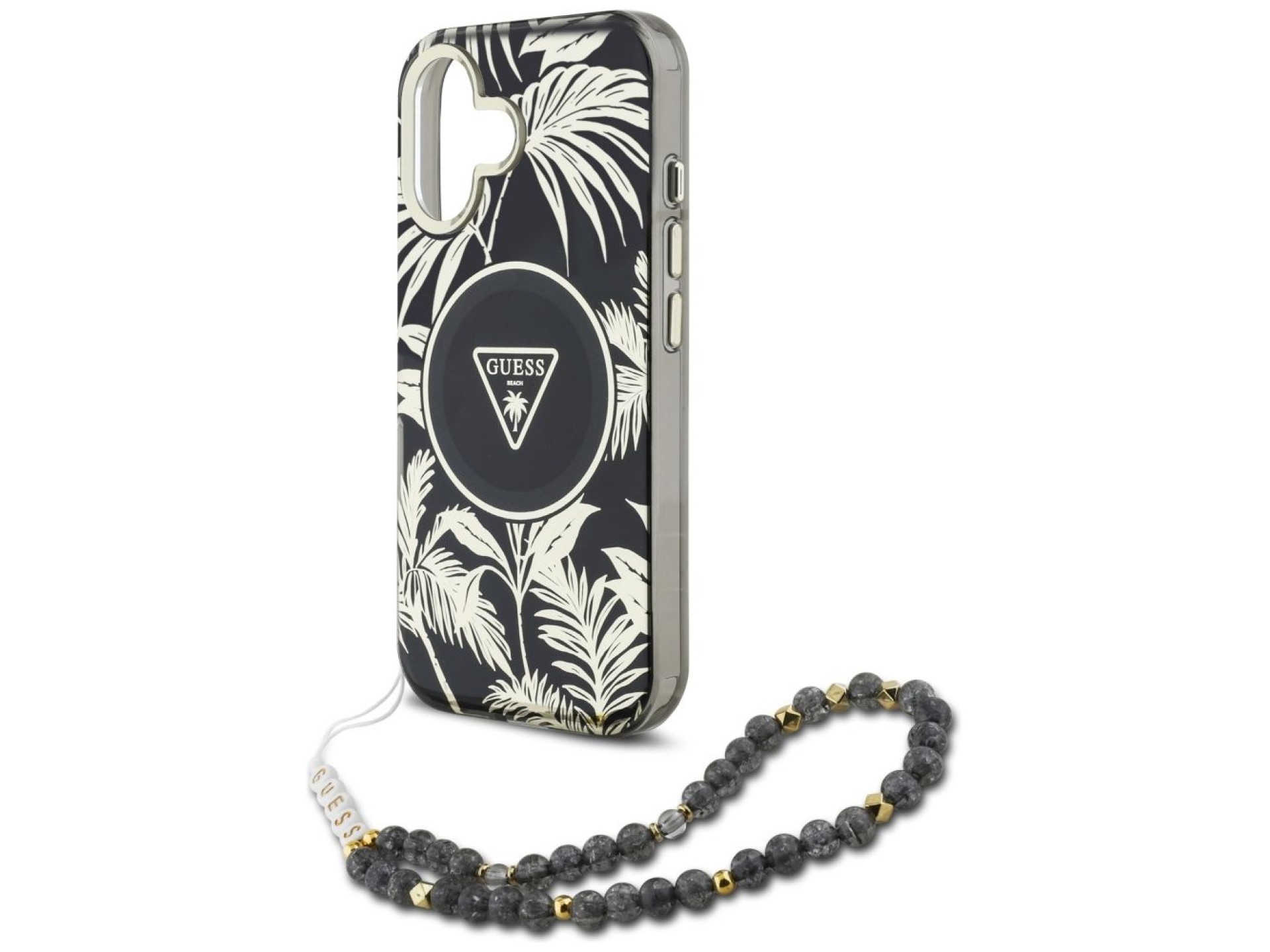 Capa Guess Palm Trees Triangle Pearl Strap MagSafe para iPhone 16 preta