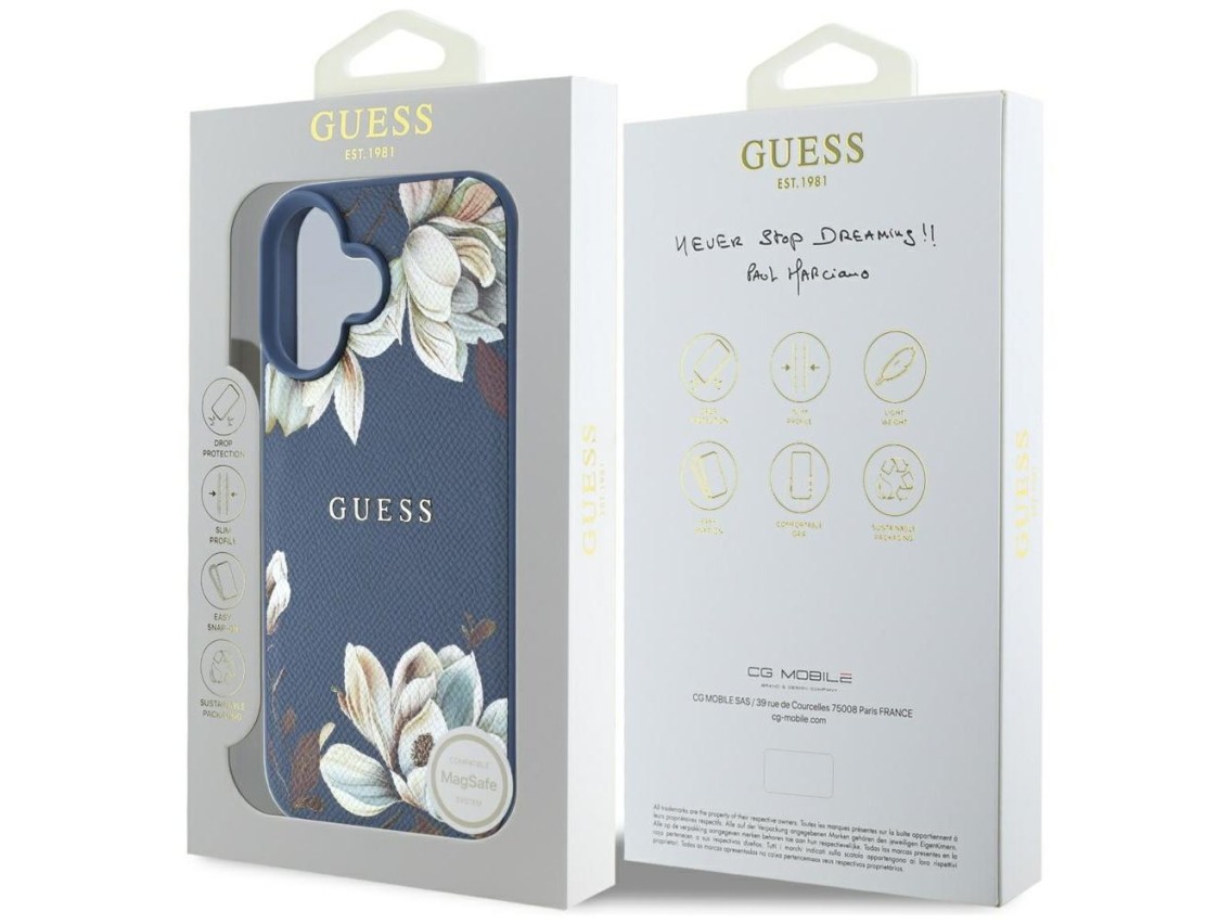Guess Grained Printed Flower Pattern MagSafe case for iPhone 16 blue