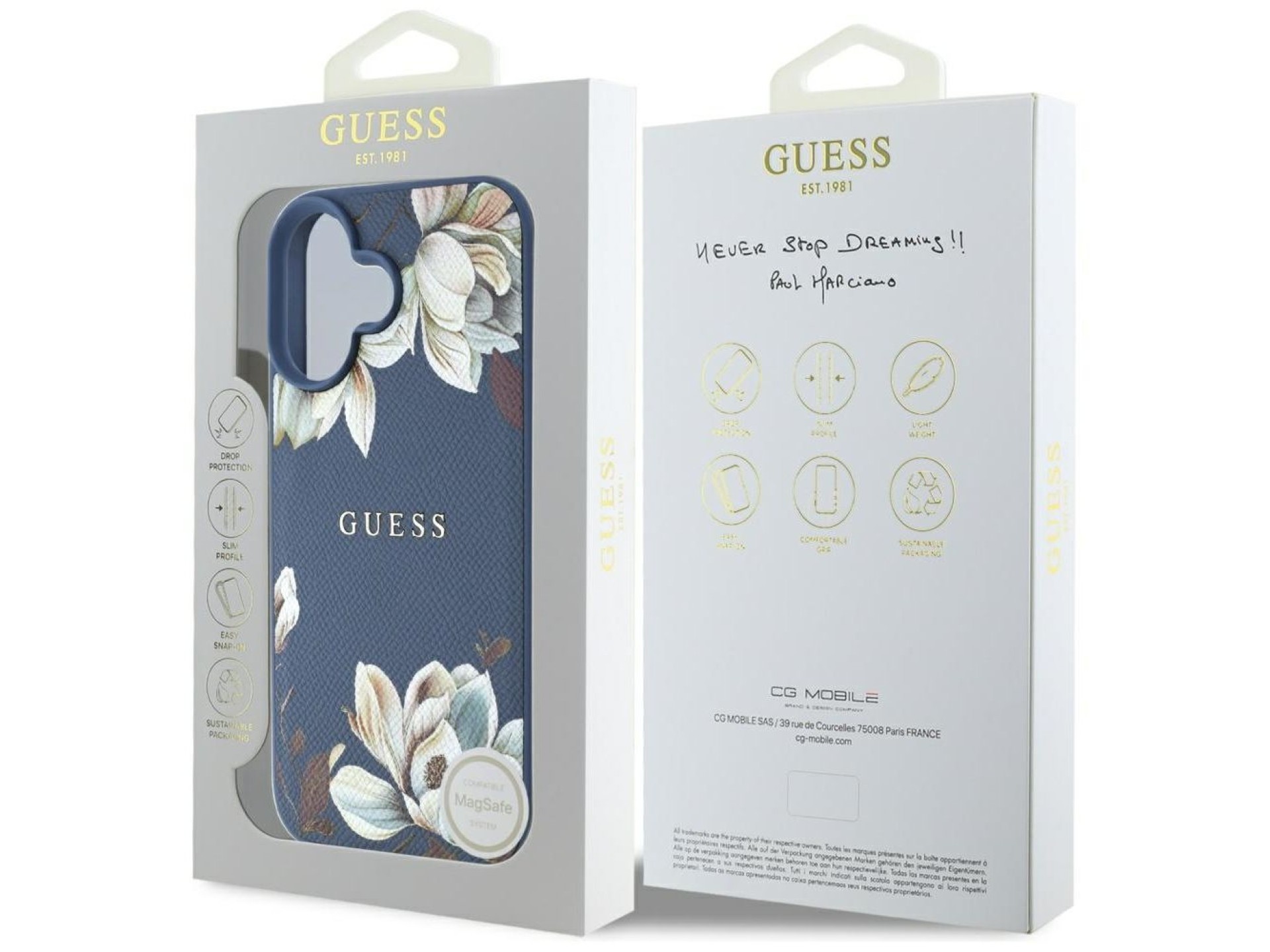 Guess Grained Printed Flower Pattern MagSafe case for iPhone 16 blue
