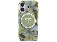 Capa Guess com glitter, flores e botões triangulares para iPhone 16, cor verde. Capa Guess com glitter, flores e botões triangulares para iPhone 16, cor verde.