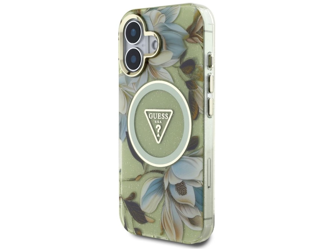 Capa Guess com glitter, flores e botões triangulares para iPhone 16, cor verde.