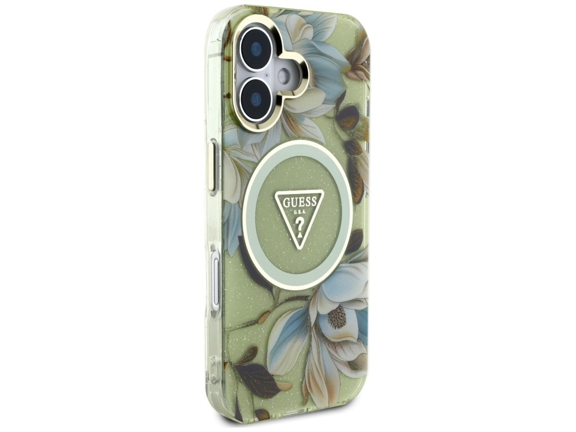 Capa Guess com glitter, flores e botões triangulares para iPhone 16, cor verde.