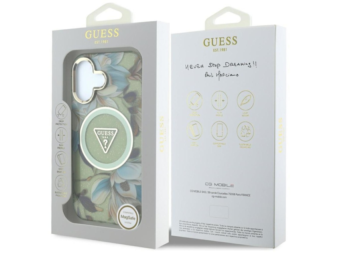 Capa Guess com glitter, flores e botões triangulares para iPhone 16, cor verde.