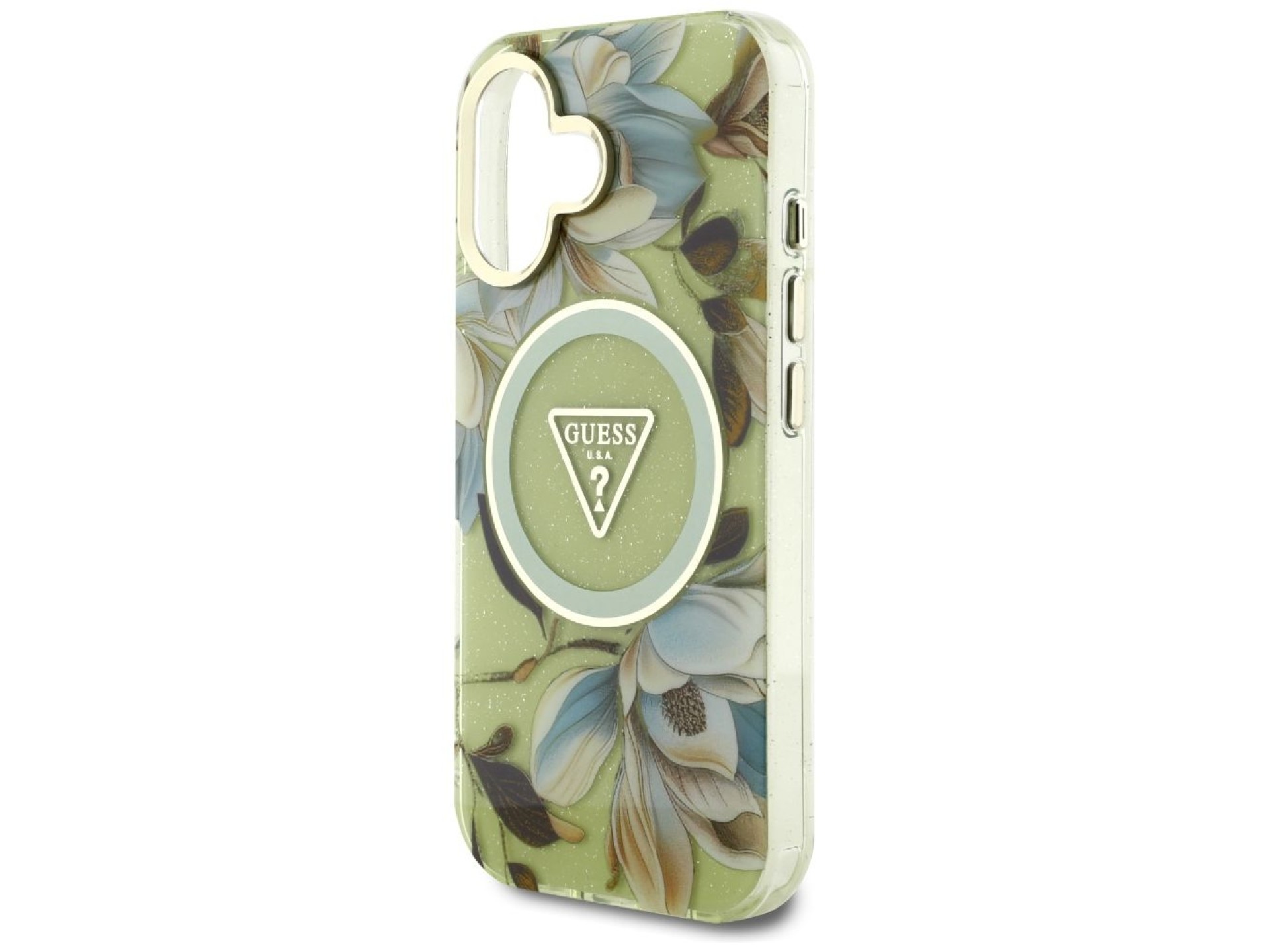 Capa Guess com glitter, flores e botões triangulares para iPhone 16, cor verde.