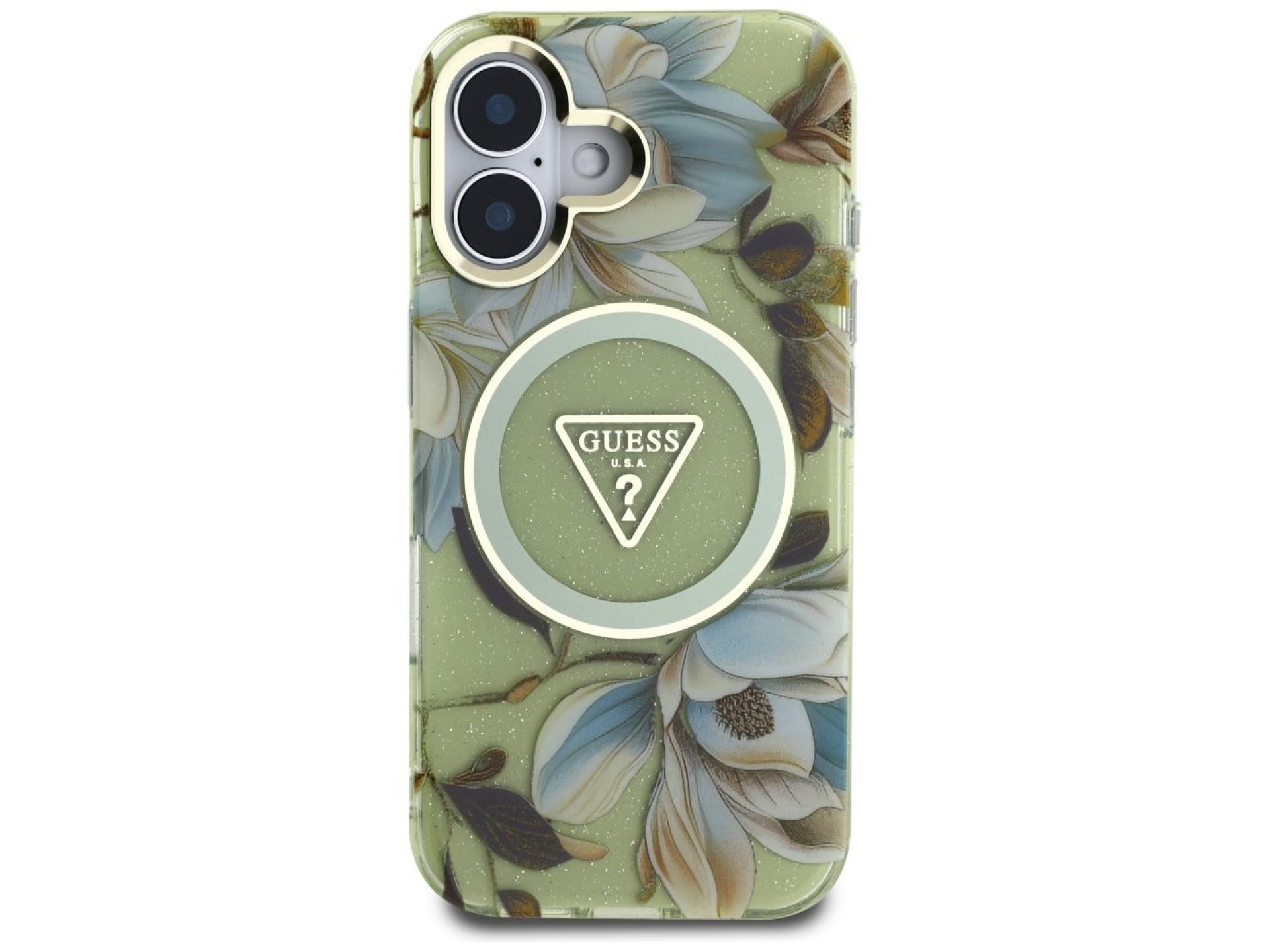 Capa Guess com glitter, flores e botões triangulares para iPhone 16, cor verde.