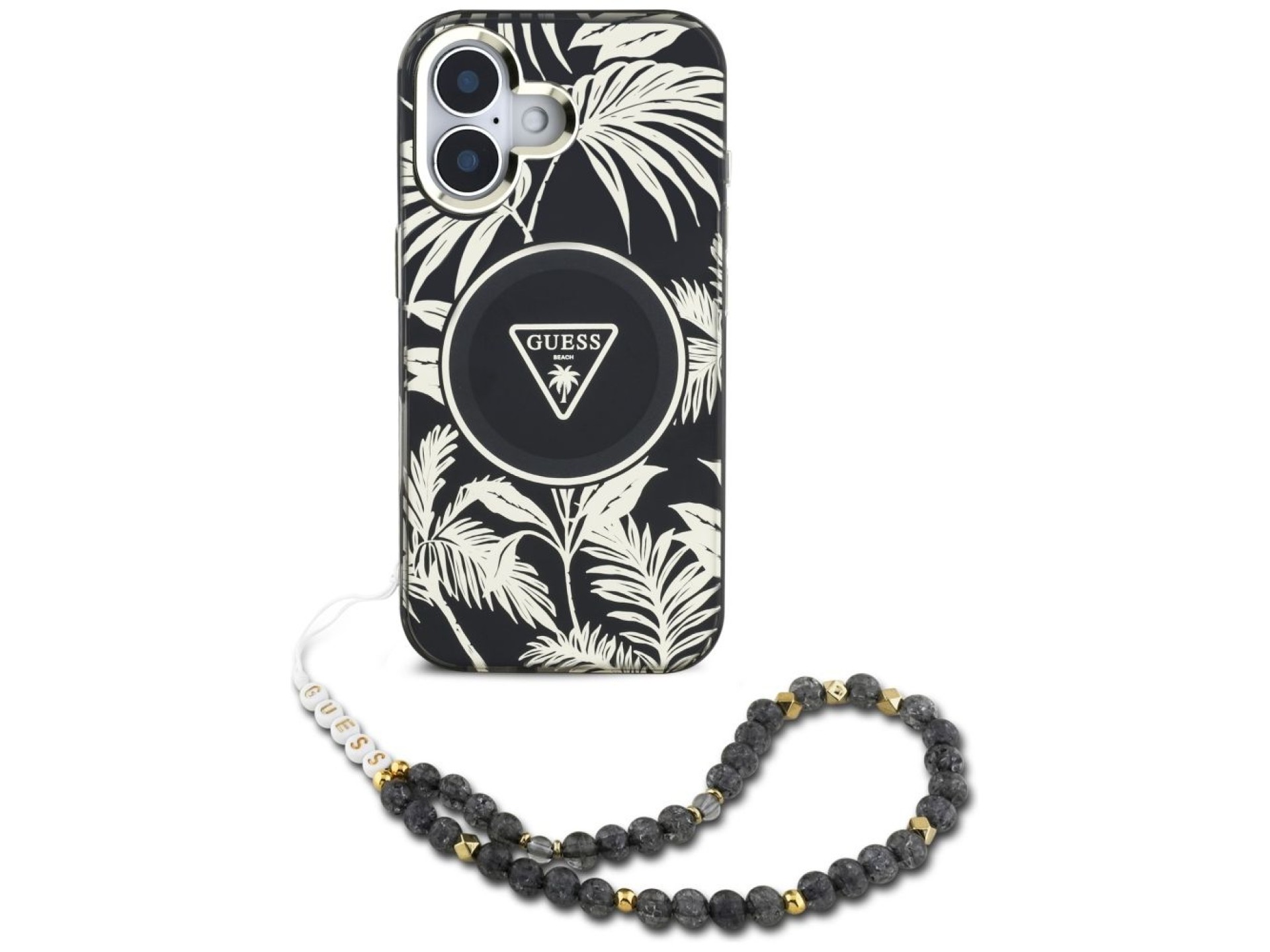 Capa Guess Palm Trees Triangle Pearl Strap MagSafe para iPhone 16 preta