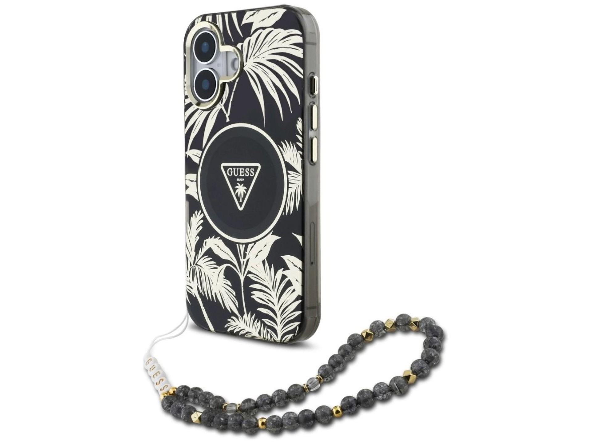 Capa Guess Palm Trees Triangle Pearl Strap MagSafe para iPhone 16 preta