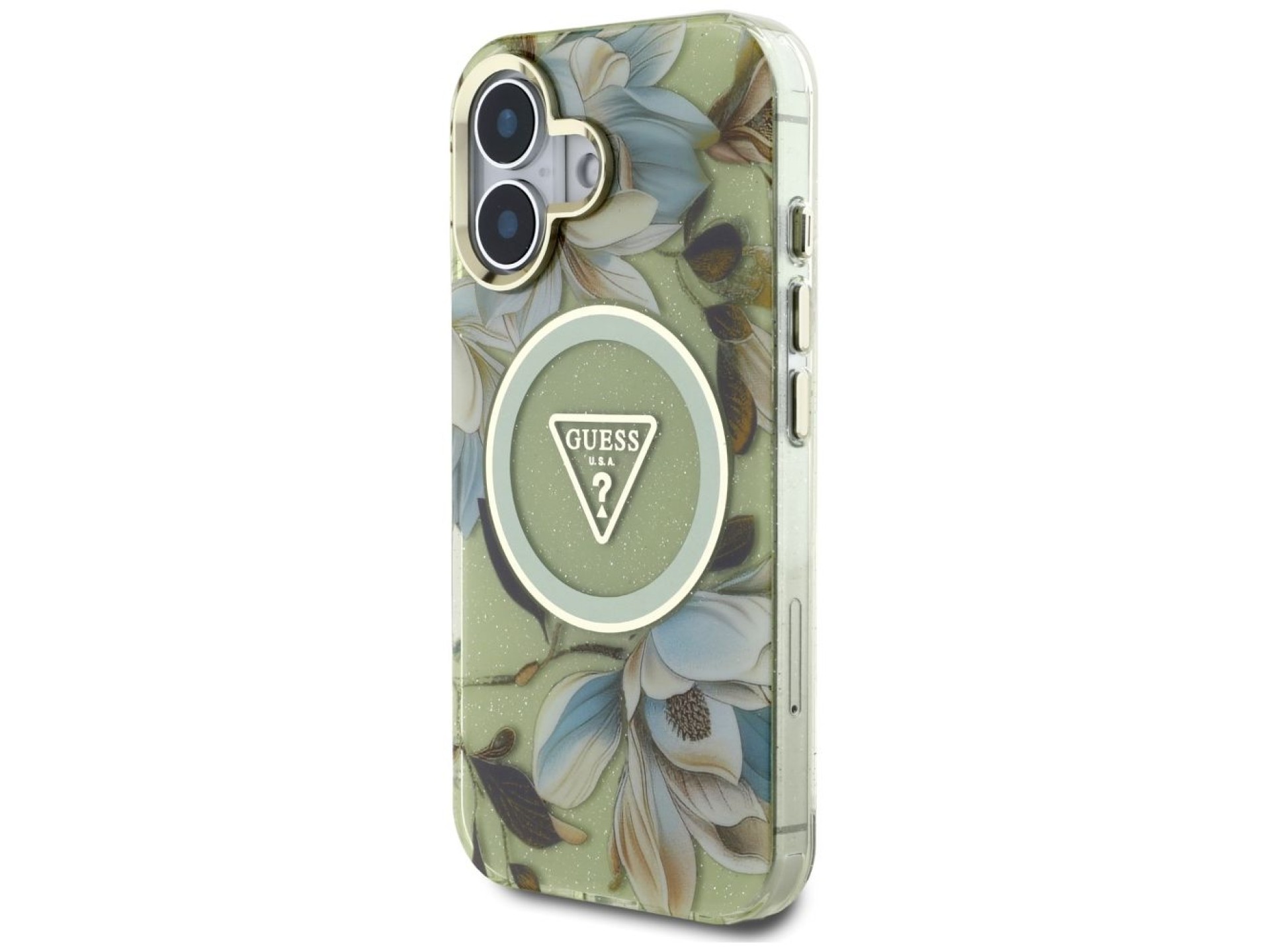 Capa Guess com glitter, flores e botões triangulares para iPhone 16, cor verde.