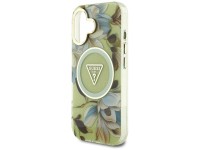 Capa Guess com glitter, flores e botões triangulares para iPhone 16, cor verde. Capa Guess com glitter, flores e botões triangulares para iPhone 16, cor verde.
