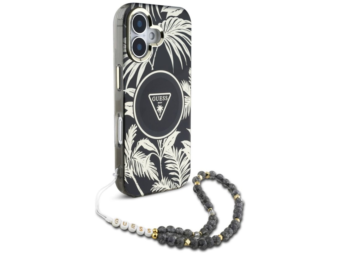 Capa Guess Palm Trees Triangle Pearl Strap MagSafe para iPhone 16 preta