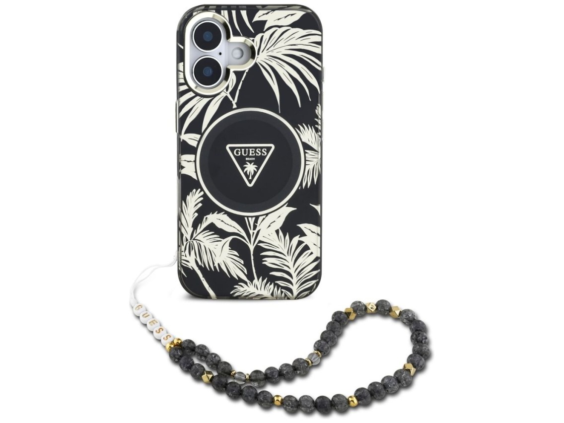 Capa Guess Palm Trees Triangle Pearl Strap MagSafe para iPhone 16 preta