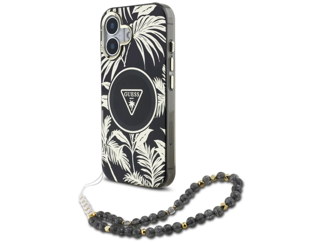 Capa Guess Palm Trees Triangle Pearl Strap MagSafe para iPhone 16 preta