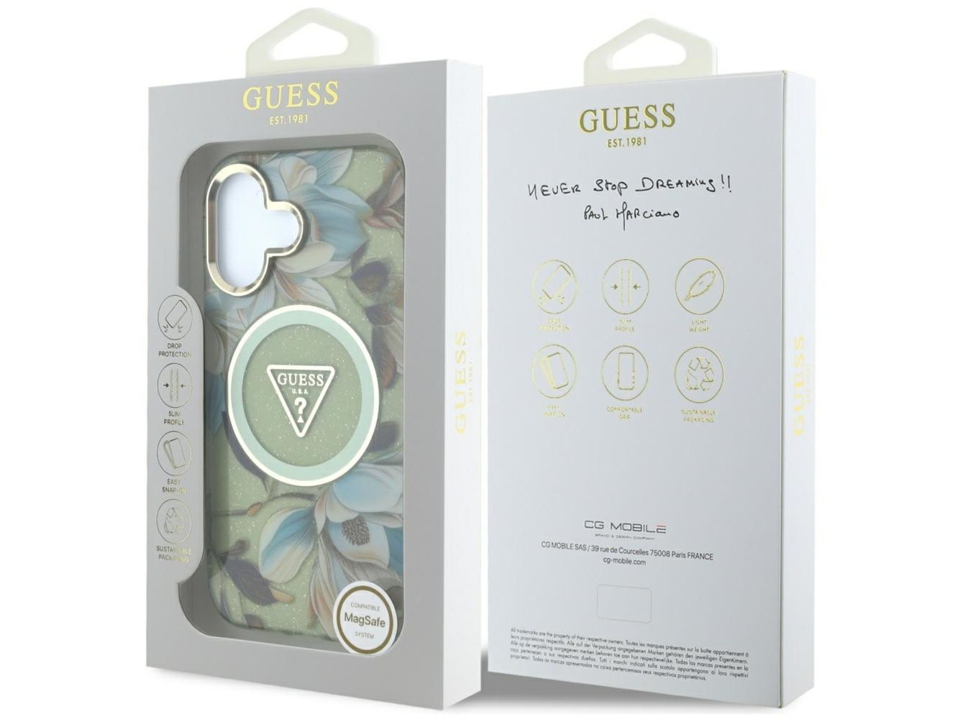 Capa Guess com glitter, flores e botões triangulares para iPhone 16, cor verde.