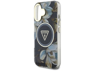 Guess Glitter Flowers Triangle Buttons MagSafe case for iPhone 16 black