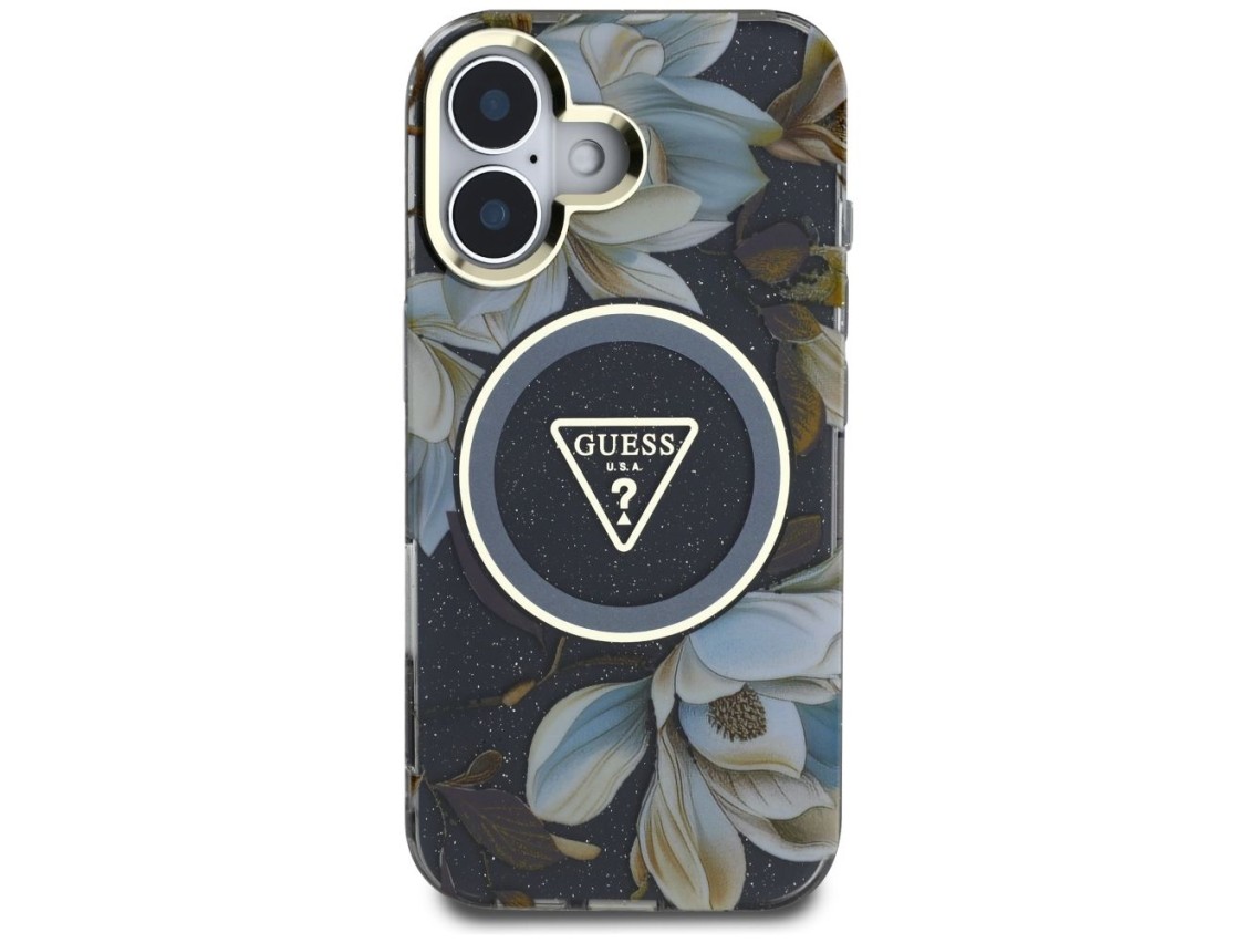 Capa MagSafe Guess com Flores Brilhantes e Botões Triangulares para iPhone 16, preta