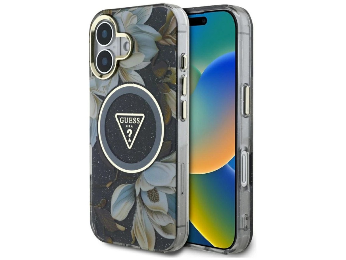 Capa MagSafe Guess com Flores Brilhantes e Botões Triangulares para iPhone 16, preta