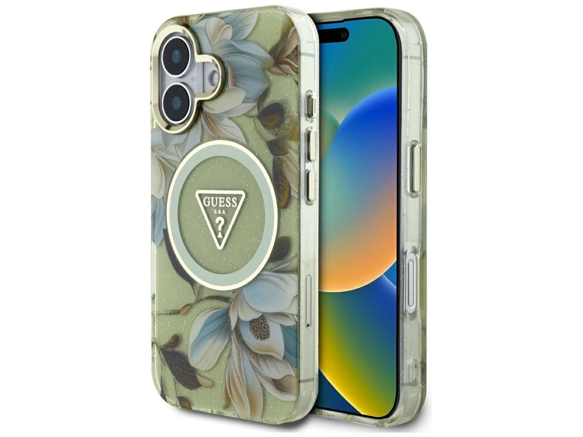 Capa Guess com glitter, flores e botões triangulares para iPhone 16, cor verde.