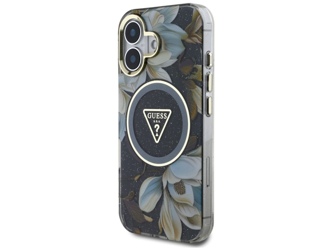 Capa MagSafe Guess com Flores Brilhantes e Botões Triangulares para iPhone 16, preta