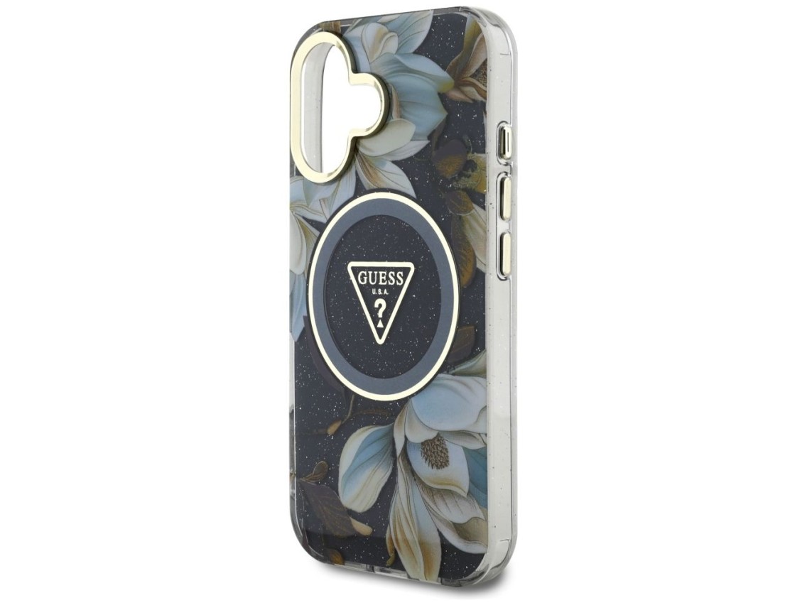 Capa MagSafe Guess com Flores Brilhantes e Botões Triangulares para iPhone 16, preta