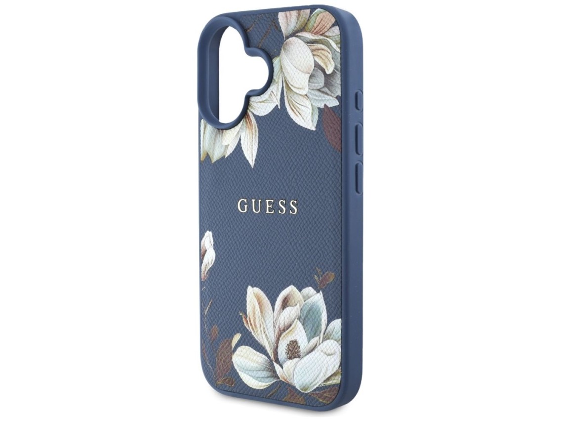Guess Grained Printed Flower Pattern MagSafe case for iPhone 16 blue