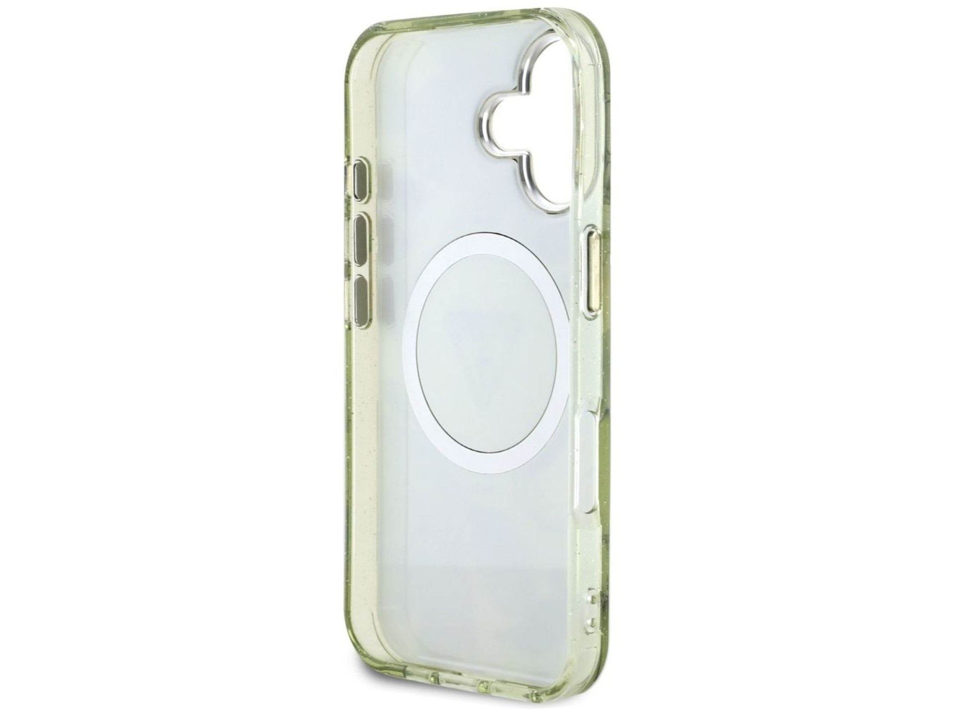 Capa Guess com glitter, flores e botões triangulares para iPhone 16, cor verde.