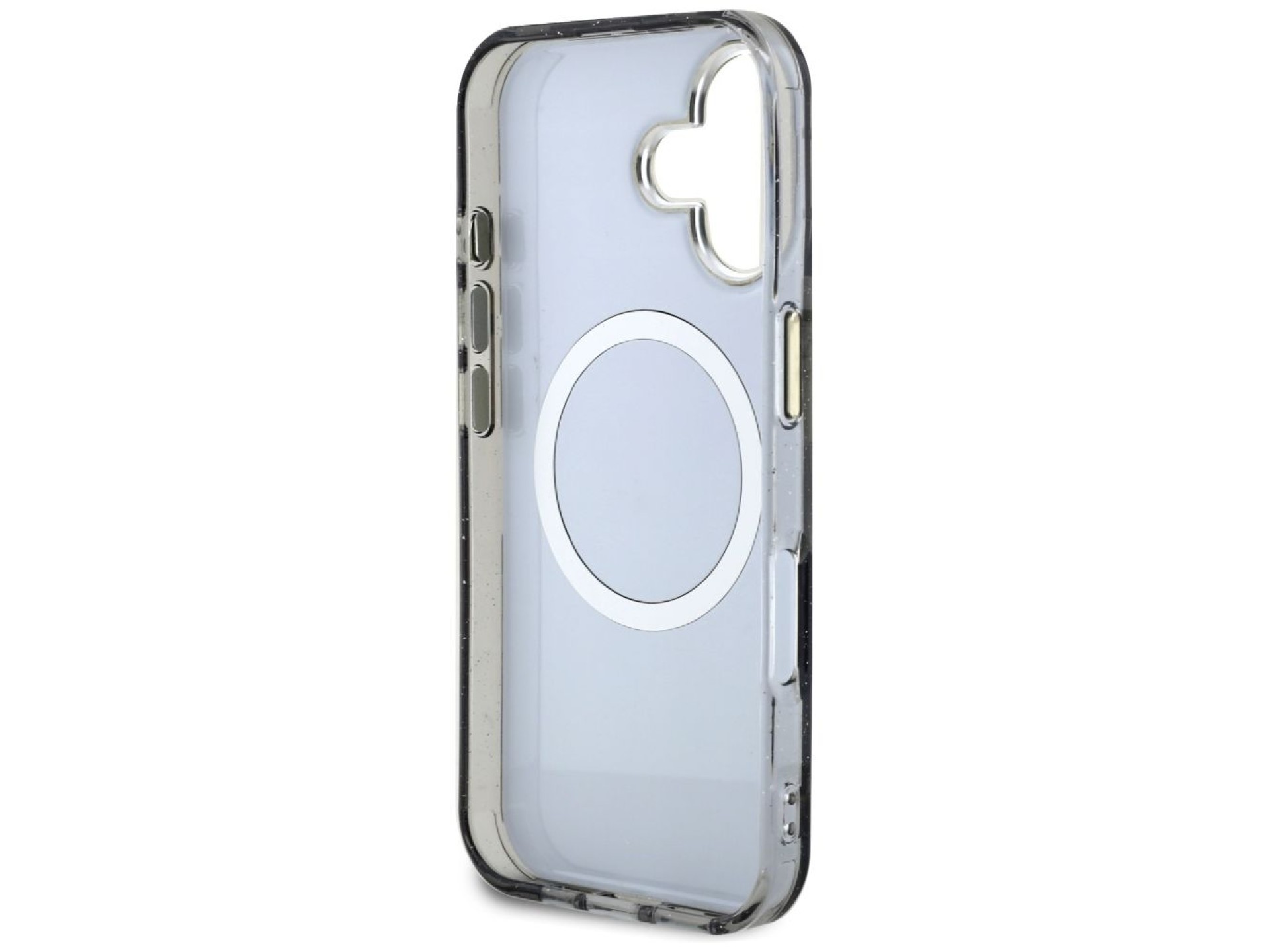 Capa MagSafe Guess com Flores Brilhantes e Botões Triangulares para iPhone 16, preta